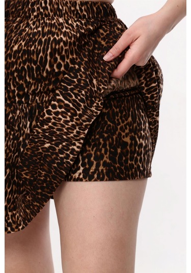 LEOPAR DESENLİ SÜET KADİFE ŞORT ETEK Kahverengi - Krem