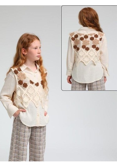 Kız Çocuk 2 Li Motifli Süveterli Tasarım Gömlek-13622 Bej