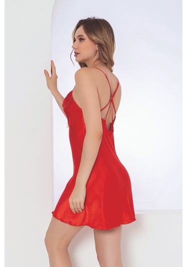 Nbb Kadın Kırmızı Sırt Dekolteli Saten Tek Gecelik Kırmızı