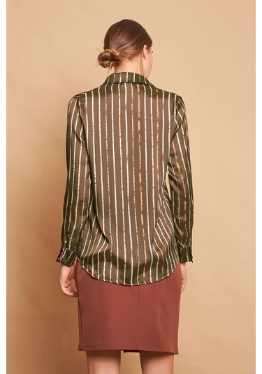 Desenli Yakalı Uzun Kol Likrasız Şık Kumaş Gömlek-Haki Çizgi Haki Çzg.