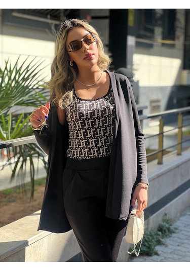 Modasize Kadın Uzun Kollukrep Üçlü Takım Siyah