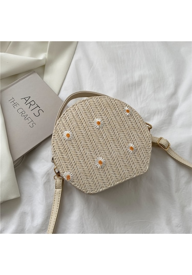 Haki Yazlık Hasır Çanta Kadın Yeni Şık Çok Yönlü Omuz Çantası Plaj Küçük Yuvarlak Çanta Haki Diğer