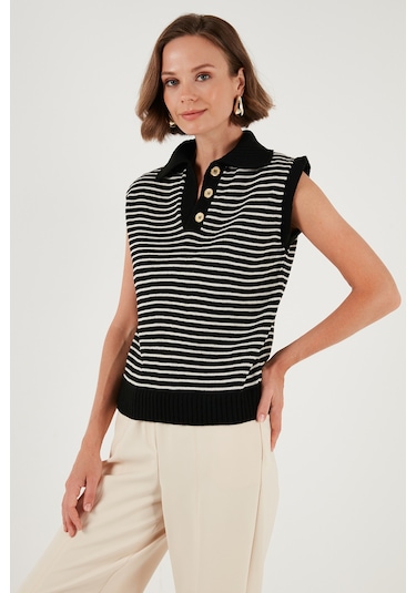 Lela Çizgili V Yaka Triko Bayan Süveter 4616171 Siyah-Krem