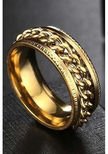 Ortası Dönebilen Zincirli Erkek Kadın Anti-stres Çelik Alyans Yüzük Cl43 Altın - Yeşil