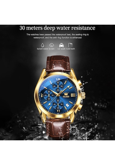 Olevs 2872 Erkekler Üç Göz Altı İğne Kronograf Su Geçirmez Kuvars Saat Mavi + Altın