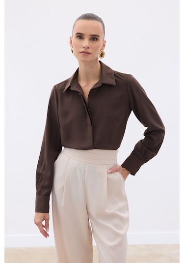 Sateen Klasik Düz Gömlek - Kahve