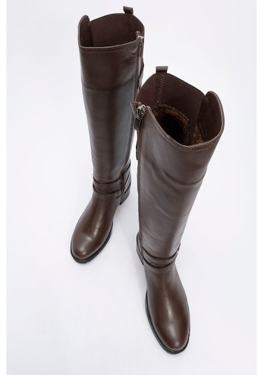 Kadın Yüksek Topuklu Fermuarlı Çizme Gerçek Deri Br 08029 Kahverengi Null Kahverengi