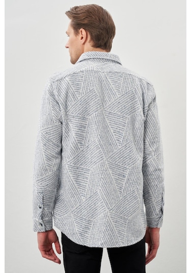 Koyu Mavi Uzun Kol Kendinden Desenli Gabardin Sert Yaka Kapaklı Cep Pamuklu Classic Comfort Fit Gömlek 1004245167 Koyu Mavi