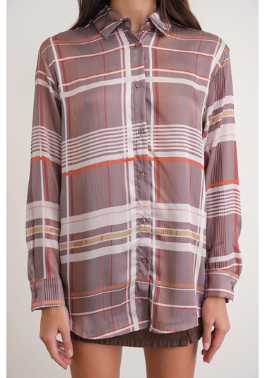 4751 Kadın Ekose İnce Saten Gömlek Bej Bej