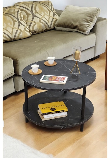 Yuvarlak Orta Sehpa Ahşap Ayaklı Sehpa Iki Raflı Sehpa Dekoratif Sehpa Gazetelikli-mermer-60cm Mermer