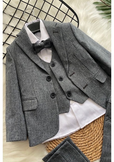 Ceketli Yelekli Papyonlu Erkek Çocuk Takım Elbise Gri