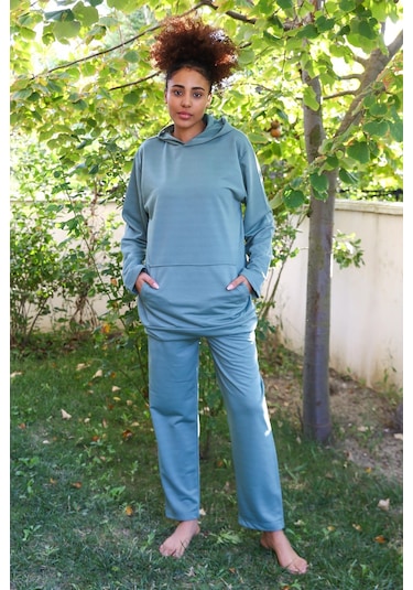 Akbeniz Kadın Pamuk Kapşonlu Cepli 3 İplik Petrol Eşofman Takım 9037-petrol Petrol