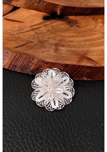Gümüş Broş El İşi Beyaz Telkari Taşsız Bayan Yaka İğnesi Çiçek Mo