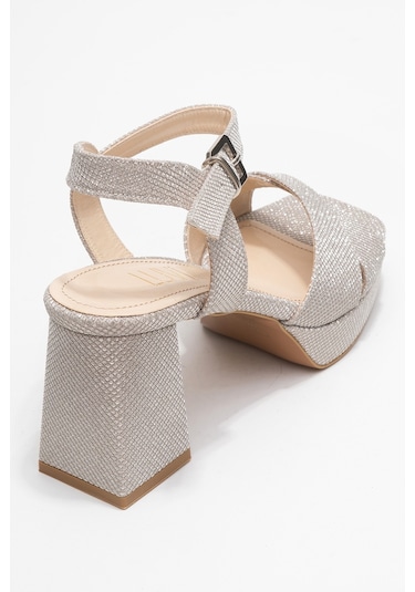 Lisbon Altın Simli Çapraz Bantlı Kadın Platform Topuklu Ayakkabı Altın