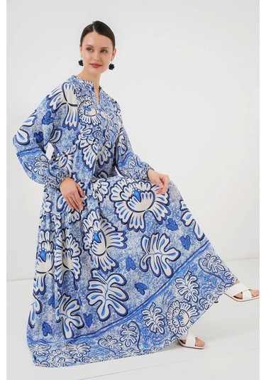 2423 Otantik Desenli Tesettür Elbise - Koyu Mavi Koyu Mavi