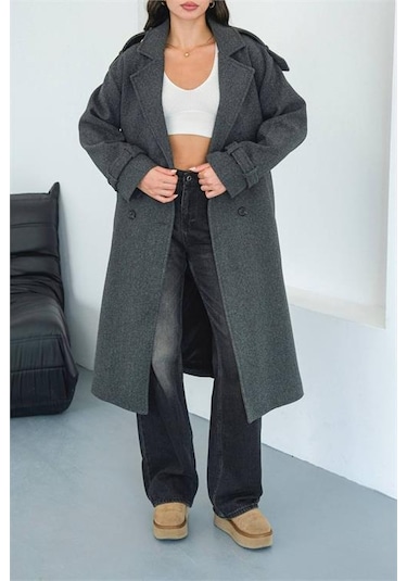 Neşeli Butik Kadın Omuz Detaylı Antrasit Kaşe Kaban Nbmylk34 Antrasit