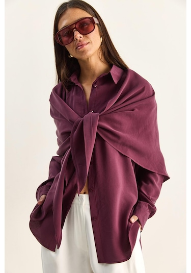 Shade Kadın Şal Aksesuarlı Oversize Modal Gömlek 340 60286164 - Mürdüm MÜRDÜM