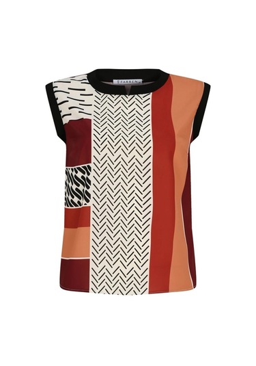 Kadın Desenli Blok Renkli Kolsuz Bluz Frn1108 Kırmızı