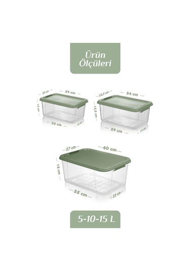 3'lü Organizer Box 5-10-15l Saklama Kabı - Çok Amaçlı Düzenleyici Kilit Kapak Derin Saklama Kutusu Yeşil