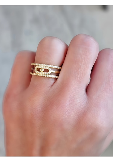 Ayarlanabilir Mess Model Zirkon Taşlı Gold Renk Çelik Yüzük Altın