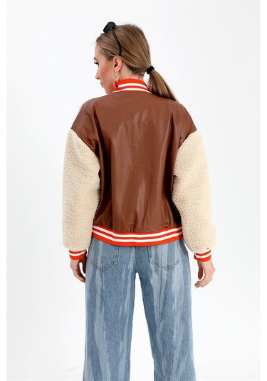 Beli Lastikli Nakışlı Derili Peluş Ceket Mont - Taba-taba Taba