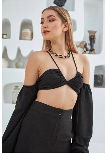 Ispanyol Kol Bağlamalı Şık Crop Bluz Pantolon Takım Siyah Siyah