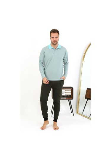 Akbeniz Erkek Polo Yaka Uzun Kol Penye Pijama Takımı 6862 Su Yeşili Su Yeşili