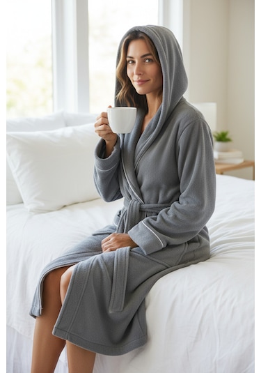 % 100 Pamuklu Laodikeia Kapşonlu Unisex Kadın Erkek Bornoz Gri