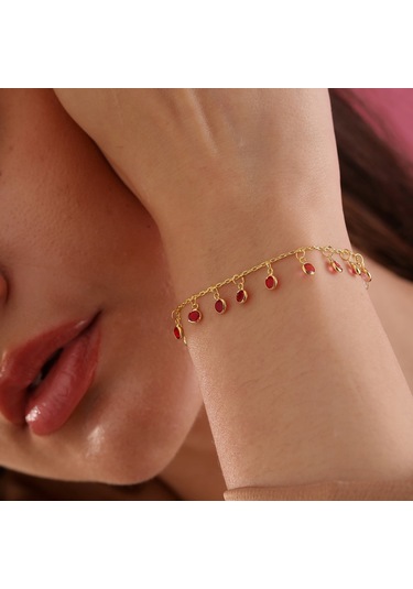 925 Ayar Gümüş Ful Sallantılı Kırmızı Renk Geçişli Bileklik Altın