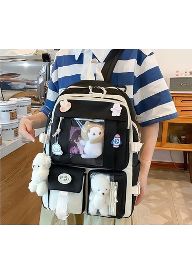 Öğrenci Beş Parçalı Büyük Kapasiteli Okul Çantası Siyah Siyah