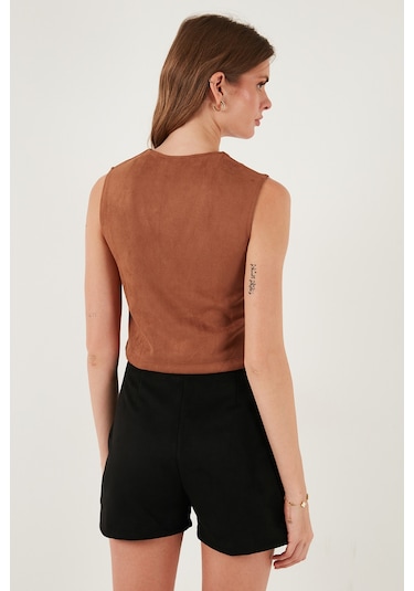 Lela Fitted Scuba Süet V Yaka Düğmeli Bayan Yelek 5865576 Kiremit