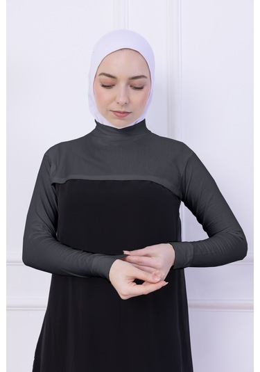 Balıkçı Yaka Boyunluklu Kolluk Gri - Likralı Dik Yakalı Kadın Body Tesettür Crop Bolero Gri