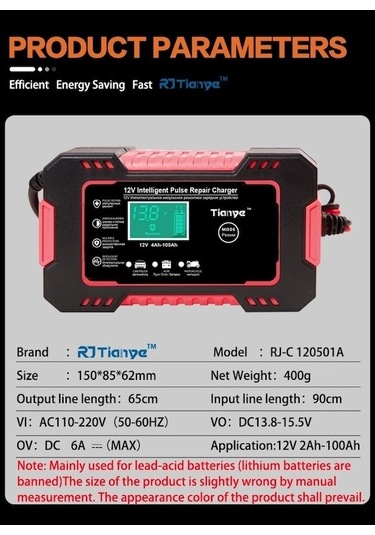 Tongxida 12v Akü Şarj Cihazı 6a Akıllı Nabız, Otomatik Kapanma, Akıllı Ekranlı, Bakımsız Kurşun Asitli
