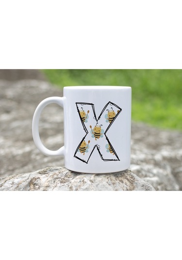 X Harfi Arı Desenli Kupa - Sevimli Hayvan Temalı Kişiye Özel Kahve Kupası - Şans Kupası Beyaz