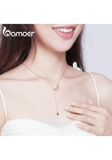 Bamoer 100% 925 Ayar Gümüş Kolye Yeni Ay ve Yıldız Kolye Kadınlar Için Gümüş Takı