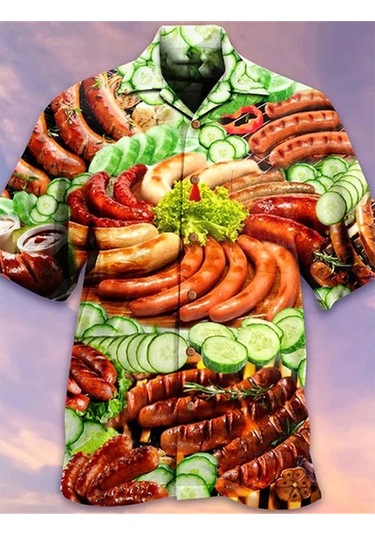 Snapbuy 3d Baskılı Sosis Desenli Hawaii Gömlek - Erkek Yaz Kısa Kollu Plaj Gömleğikadın Bej