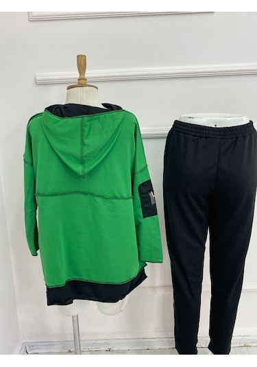 Kadın Yeşil Kapşonlu Etek Ucu Detay Arma Ikili Takım Bediva 001