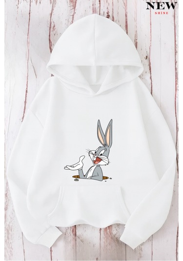 Tavşan Baskılı Sweatshirt Beyaz