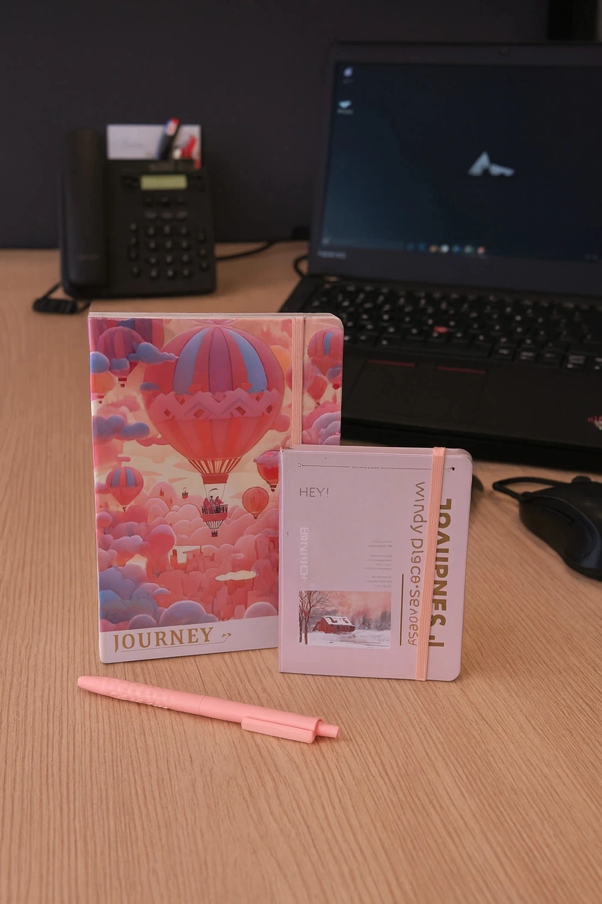 2 Adet Ajanda Çizgili Not Defteri-uçlu Kalem Hediyeli Pembe Balon A5-a6 Pembe