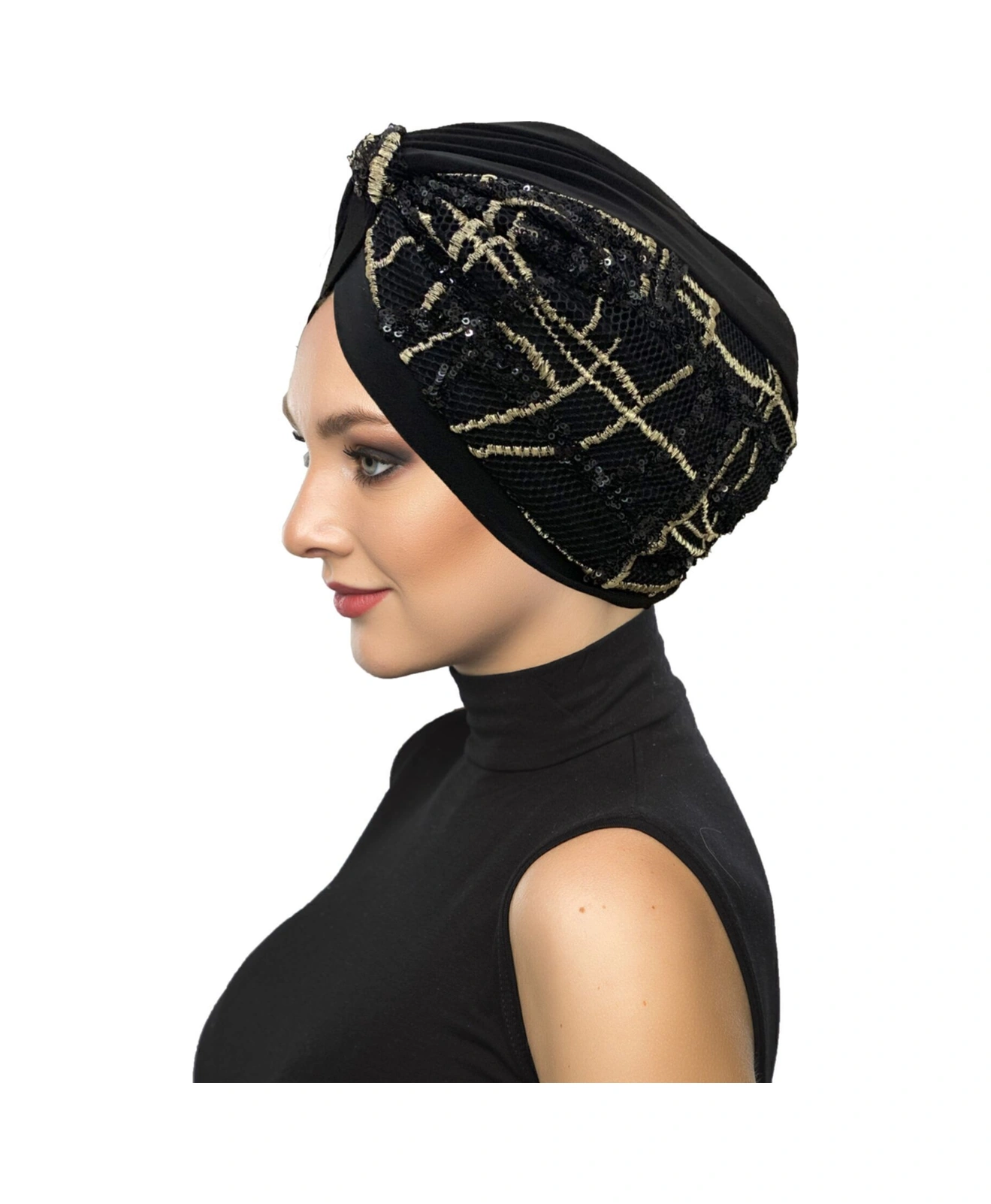 Özel Tasarım Siyah Bej-siyah Pullu Fileli Etnik Desenli Astarlı Hazır Türban Tesettür Abiye Bone Siyah16