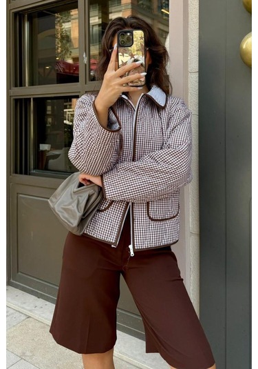 Kahverengi Pötikareli Cepli Kadın Mont Mg2488 Kahverengi