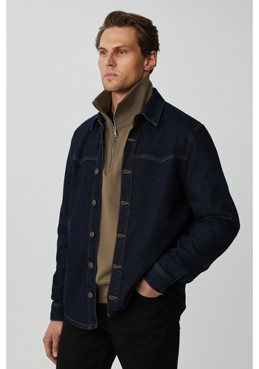 GRIMELANGE Borna Erkek Rinse Denim Rahat Geniş Kesim Ceket Görünümlü Lacivert Ceket Lacivert