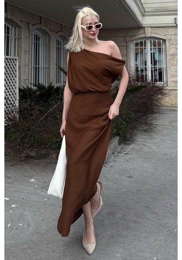 Madmext Madmext Kahverengi Düşük Omuz Elbise Mg2349 Kahverengi