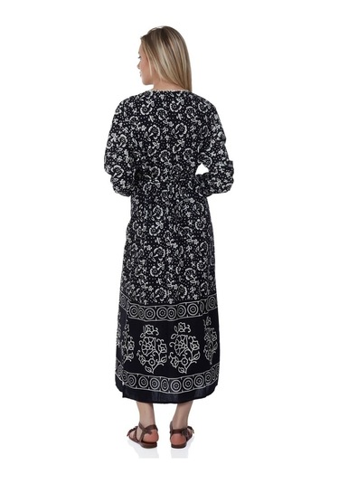 Uzun Kol Pamuk Taş Baskı Uzun Elbise Yoğun Desen