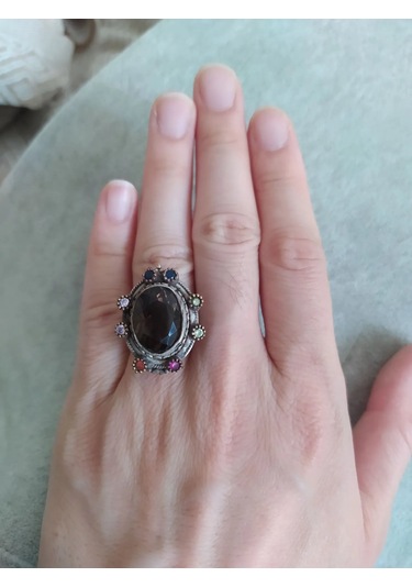 925 Gümüş Dumanlı Kuvars Yüzük 288 Siyah - Beyaz