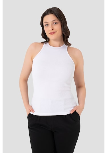 Arma Yıldız Kadın Pamuklu Fitilli Görünümlü Halter Yaka Basic Beyaz Atlet beyaz