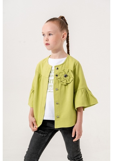 Kız Çocuk Çiçek Gömlekli İkili Kız Takım 3127 Yeşil