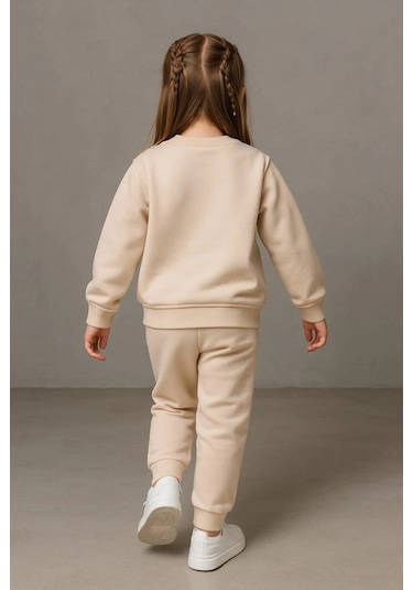 Büyük Çiçek Nakışlı %100 Pamuk 2 Li Çocuk Eşofman Takımı Bej