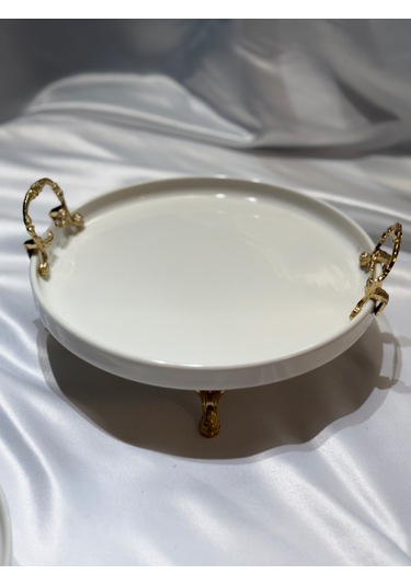 Aless Altın Ayaklı Kulplu Seramik Sunumluk Çerezlik Meyvelik