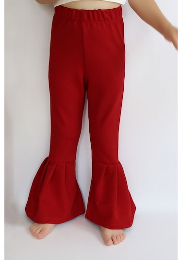 Kız Çocuk Kırmızı İspanyol Paça Yüksek Bel Lastikli Tayt Pantolon Alt-0004.3 Kırmızı